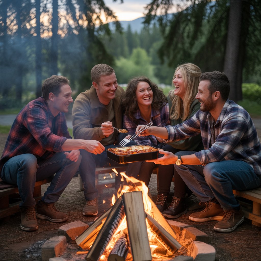 Grupo de amigos que comiendo lasaña en campamento felices 